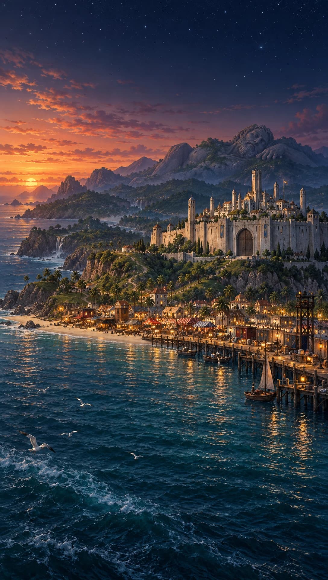 A green island rising out of the Pacific at dusk, a lantern-lit beach town and pier below a walled city of pale stone on the hill.